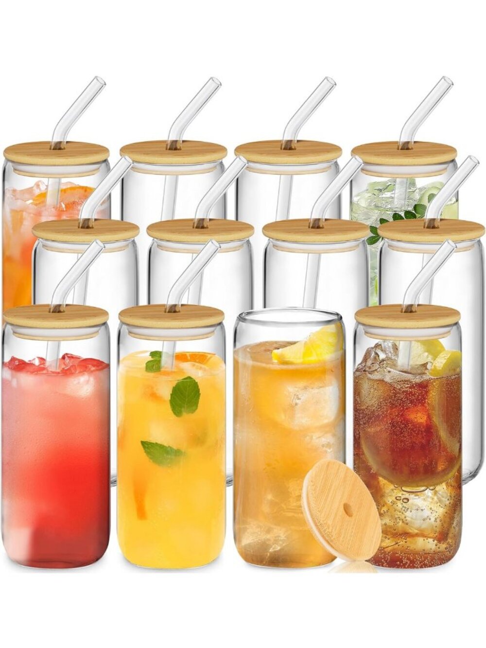 12Pcs 20oz Can-Shaped Glass Tumblers with Bamboo Lids & Straws - Eco-Friendly